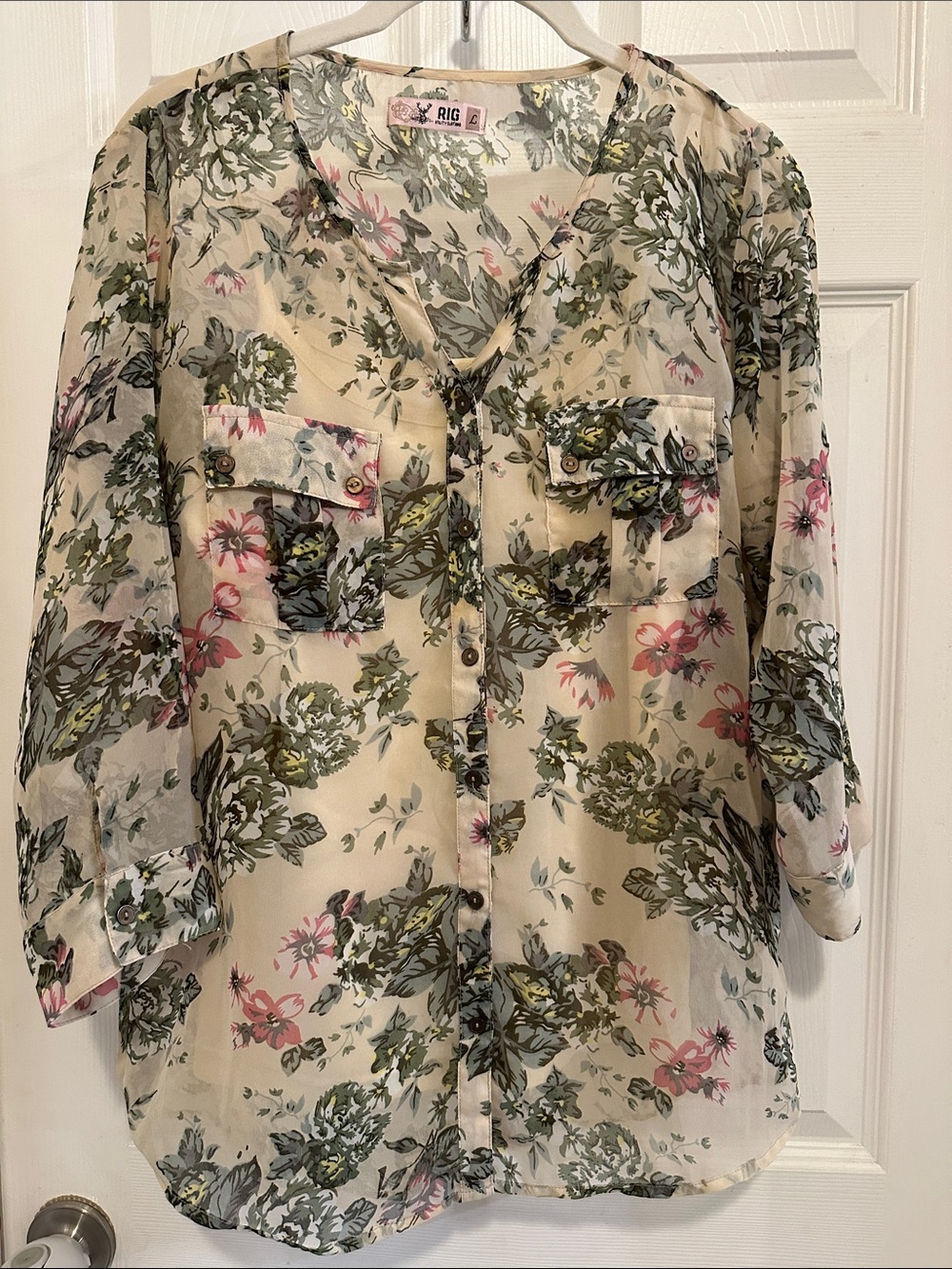 Sheer Floral Button-Down Blouse in Cream and Green by RIG